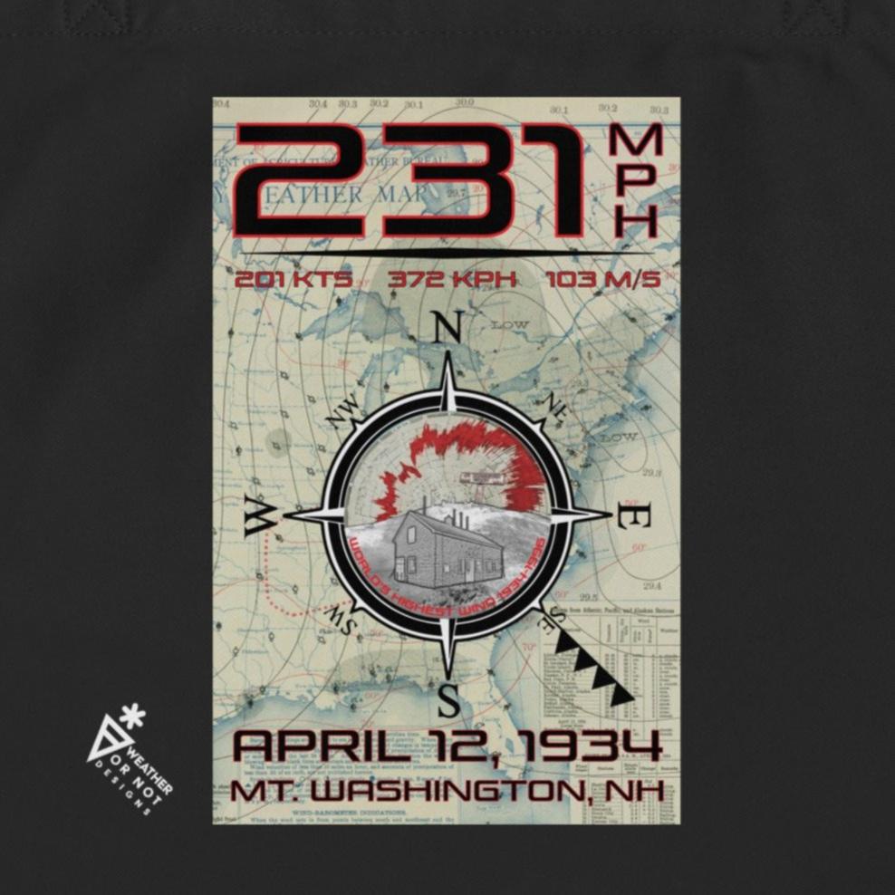 231 mph Wind on Mt. Washington, NH - Large Organic Tote