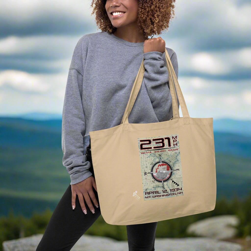 231 mph Wind on Mt. Washington, NH - Large Organic Tote