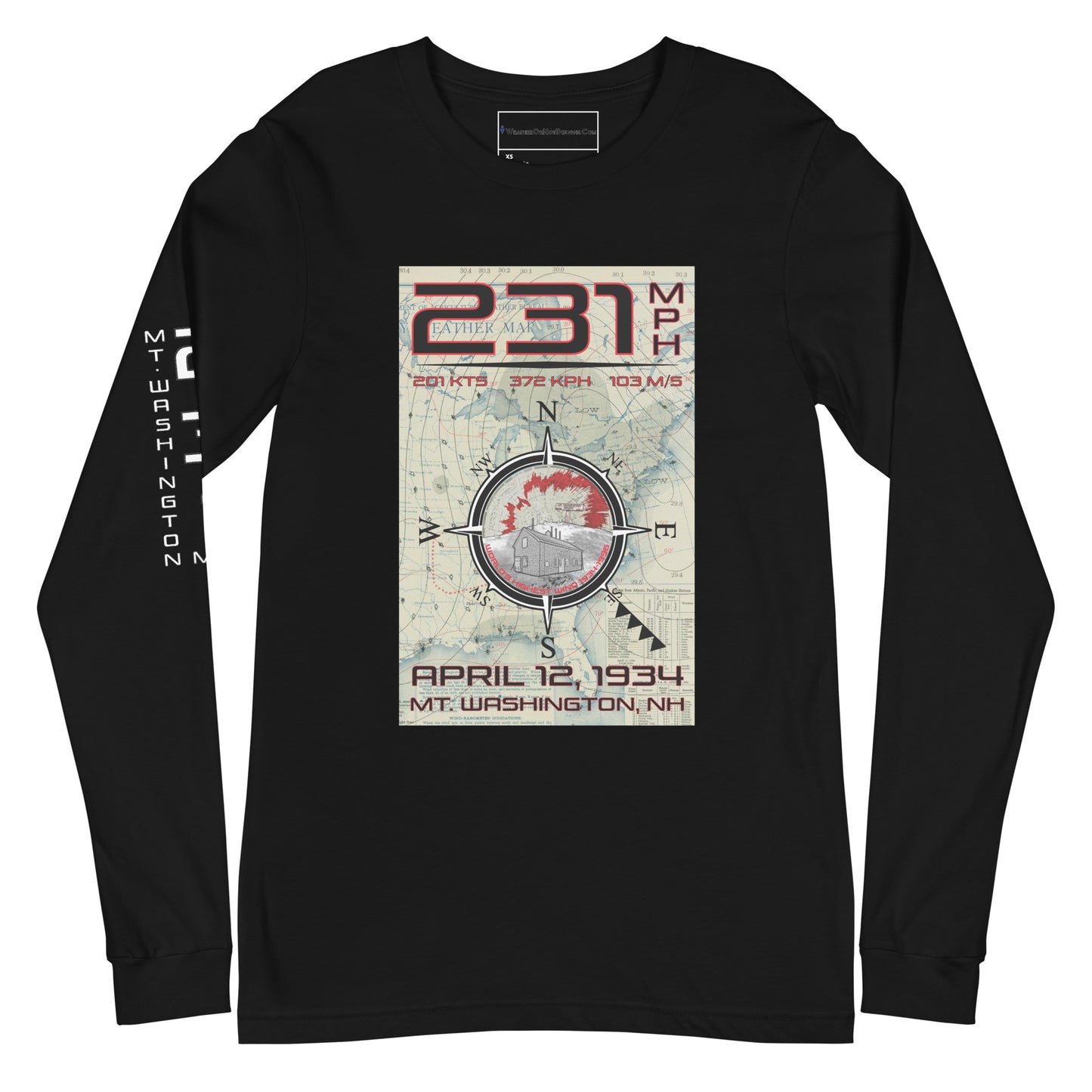 231 mph Wind on Mt. Washington, NH - Long Sleeve Tee